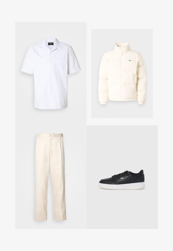 Chaqueta acolchada blanca con un alto cuello, que presenta una cremallera frontal, puños elásticos y un pequeño logotipo verde en el lado izquierdo del pecho.; Camisa de manga corta en blanco con rayas verticales azul claro, con cuello puntiagudo y un bolsillo en el pecho.; Pantalones de algodón beige con corte recto, que cuentan con un cierre de botón y pliegues en la parte frontal para un detalle adicional.; Zapatilla de cuero negra con suela blanca, con puntera redondeada, diseño de cordones y un logo sutil en el lateral. Acentos en la parte superior texturizada.