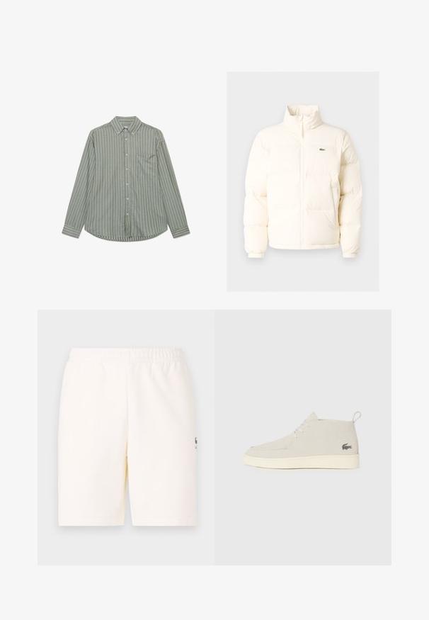 Witte pufferjack met een hoge kraag, voorzien van een ritssluiting aan de voorkant, elastische boorden en een klein groen logo op de linkerborst.; Lange mouwen knoopshirt in olijfgroen met verticale witte strepen, een standaardkraag en een borstzak aan de linkerkant.; Crème-kleurige shorts met een elastische tailleband, gemaakt van zachte stof, met een klein logo op de onderkant van het linkerbeen.; Lichtgrijze suède enkelbotten met een ronde neus, witte rubberen zool en subtiele logo-details aan de zijkant. Voorzien van een vetersluiting.