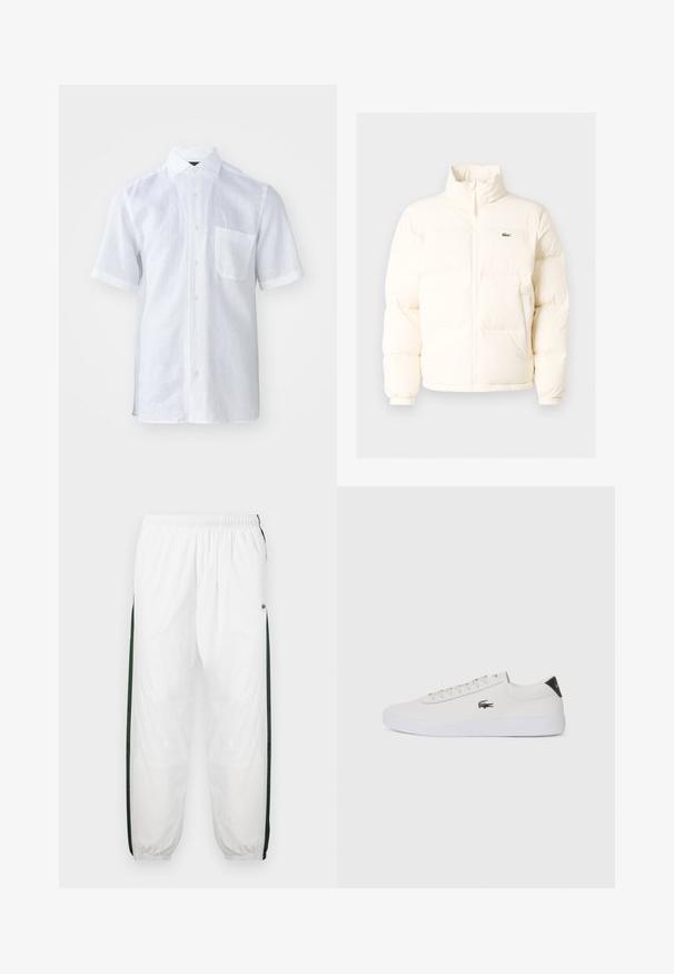 Balts pūkains jaka ar augstu apkakli, priekšā ar rāvējslēdzēju, elastīgām piedurknēm un mazu zaļu logo kreisajā krūtī.; Balts īso piedurknēm krekls no viegla lina auduma ar pogu uz leju, priekšējo kabatu un nedaudz teksturētu virsmu.; Baltas sporta bikses ar tumši zaļām sānu joslām. Viegls materiāls, elastīga josta un aproces apakšā. Satur acu auduma tekstūru sānu joslās.; Baltas ādas sporta apavu modelis ar noapaļotu purngalu, sasienamu priekšpusi un melnu papēža akcentu. Satur nelielu izšūtu krokodila logo sānos.