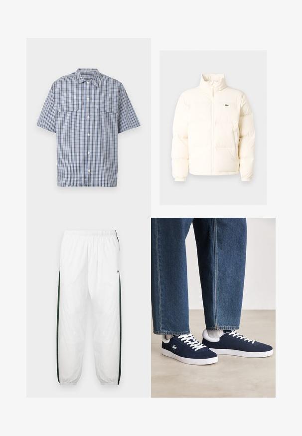 Jachetă pufoasă albă cu guler înalt, cu fermoar în față, manșete elastice și un mic logo verde pe pieptul stâng.; Cămașă cu mâneci scurte, nasturi, cu model în carouri albastre, albe și negre și două buzunare cu clapetă pe piept, pe fundal alb.; Pantaloni de trening albi cu panouri laterale de culoare verde închis. Material ușor, talie elastică și tivuri manșonate. Prezintă o textură din plasă pe panourile laterale.; Tenisi din pânză albaștri cu șireturi albe și tălpi din cauciuc, expuși alături de pantaloni din denim și șosete gri cu dungi, pe o suprafață gri deschis.