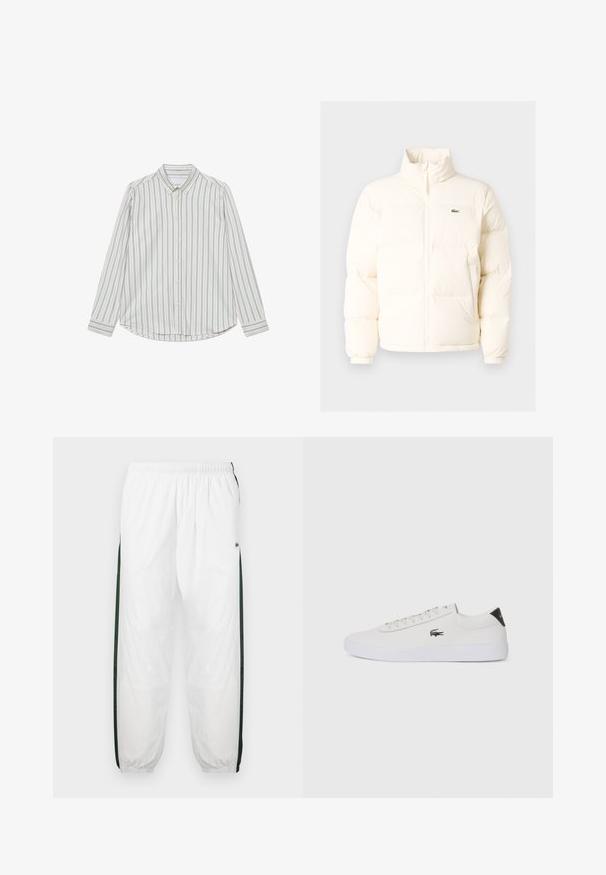 Valge pūusapüüri jope kõrge kaelusega, esiküljel lukuga, elastsete mansettidega ja väikese rohelise logoga vasakul rinnal.; Puuvillane pikakä sleevesega särk, millel on vertikaalsed sinised ja kreemjad triibud, terav krae ja ümar hems. Sisaldab esipaneelil nuppe.; Valged sportpüksid tumeroheline külgpanelitega. Kerge materjal, elastne vöökoht ja mansetid. Külgpanelitel on võrkmuster.; Valge nahast tenniseking ümara ninaga, lukkude ja musta kontsa aktsendiga. Külgedel on väike broderi krokodilli logo.