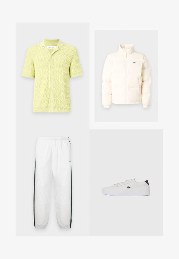Valkoinen puhallettava takki, jossa on korkea kaulus, etuvetoketju, joustavat hihansuut ja pieni vihreä logo vasemmassa rinnassa.; Vihreä lyhythihainen neulepaita, jossa on teksturoitu geometrinen kuvio, klassinen kaulus ja nappikiinnitys, valmistettu pehmeästä kankaasta.; Valkoiset urheiluhousut tummanvihreillä sivupaneeleilla. Kevyt materiaali, joustava vyötärö ja resorit. Sivupaneeleissa on verkkotyyppinen tekstuuri.; Valkoinen nahkakenkä pyöreällä varvalla, nauhakiinnitys edessä ja musta kantapään korostus. Sivussa pieni brodyoitu krokotiililogo.
