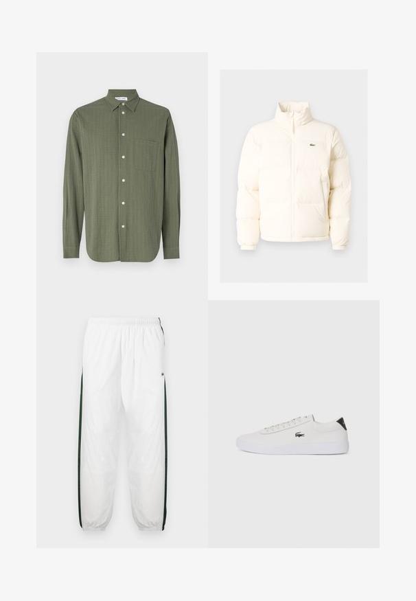 White puffer jacket with a high collar, featuring a front zipper, elastic cuffs, and a small green logo on the left chest.; Long-sleeve shirt in olive green, textured fabric, button-up front, single chest pocket, and classic collar.; White track pants with dark green side panels. Lightweight material, elastic waistband, and cuffed hems. Features mesh texture on side panels.; White leather sneaker with round toe, lace-up front, and black heel accent. Features a small embroidered crocodile logo on the side.