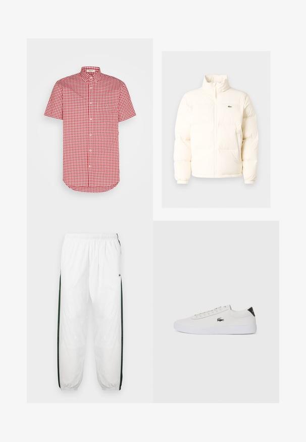 Chaqueta acolchada blanca con un alto cuello, que presenta una cremallera frontal, puños elásticos y un pequeño logotipo verde en el lado izquierdo del pecho.; Camisa de manga corta abotonada con un patrón de cuadros rojo y blanco, cuello y bolsillo en el pecho, fabricada en tejido ligero.; Pantalones de chándal blancos con paneles laterales de color verde oscuro. Material ligero, cinturilla elástica y dobladillos con puños. Presenta textura de malla en los paneles laterales.; Zapatilla de cuero blanca con punta redonda, parte frontal con cordones y acento negro en el talón. Presenta un pequeño logo de cocodrilo bordado en el lateral.