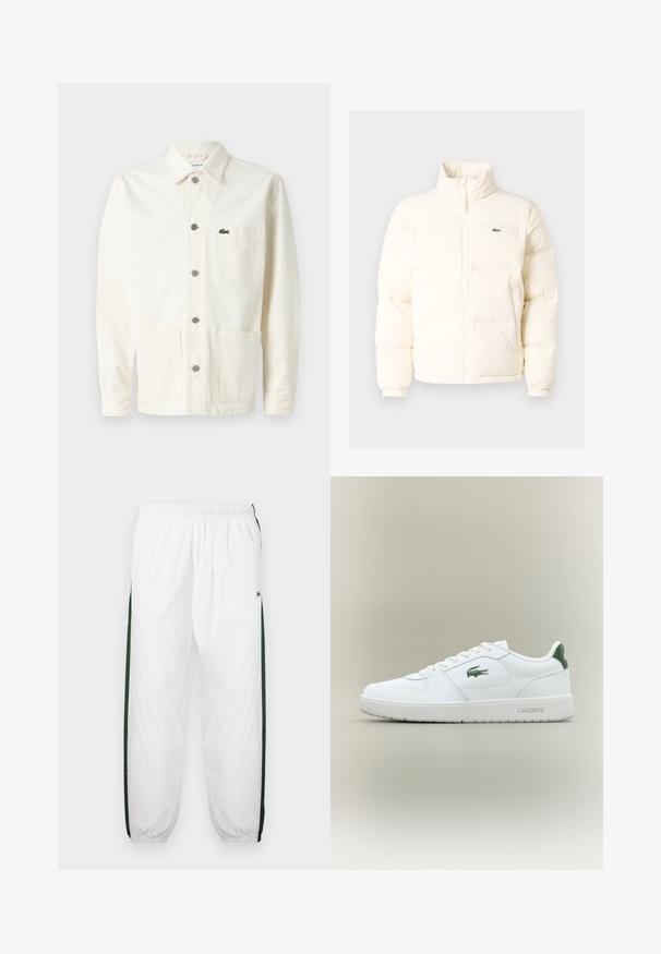 Biela puffrová bunda s vysokým golierom, predným zipsom, elastickými manžetami a malým zeleným logom na ľavom prsníku.; Krémová bunda z plátna so zapínaním na gombíky, dvoma veľkými prednými vreckami a malým zeleným vyšitým logom na hrudi.; Biele športové nohavice s tmavozelenými bočnými panelmi. Ľahký materiál, elastický pás a sťahované lemy. Obsahujú sieťovinovú textúru na bočných paneloch.; Biele kožené tenisky s hladkým povrchom, zelenými akcentami na päte a zeleným logom na boku. Majú plochú podrážku a okrúly špičku.