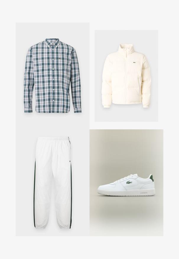 Valge pūusapüüri jope kõrge kaelusega, esiküljel lukuga, elastsete mansettidega ja väikese rohelise logoga vasakul rinnal.; Pikend varrukad ruuduline särk valge, rohelise ja helesinise ruudustikus. Omab nööbiga krae ja väikest tikandiga logo rinnal.; Valged sportpüksid tumeroheline külgpanelitega. Kerge materjal, elastne vöökoht ja mansetid. Külgpanelitel on võrkmuster.; Valge nahkne spordijalats sujuva viimistlusega, rohelised aktsendid kanna peal ja roheline logo küljel. Omab lamedat tallat ja ümmargust varvast.