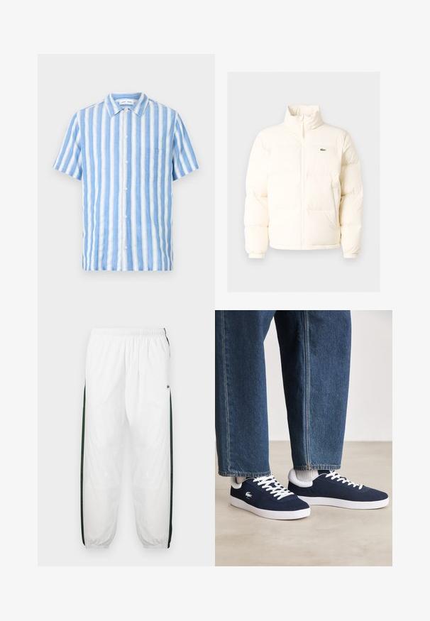 Jachetă pufoasă albă cu guler înalt, cu fermoar în față, manșete elastice și un mic logo verde pe pieptul stâng.; Cămașă cu mânecă scurtă, în dungi verticale albastre și albe, fabricată dintr-un material ușor, cu un închidere cu nasturi în față și un buzunar la piept.; Pantaloni de trening albi cu panouri laterale de culoare verde închis. Material ușor, talie elastică și tivuri manșonate. Prezintă o textură din plasă pe panourile laterale.; Tenisi din pânză albaștri cu șireturi albe și tălpi din cauciuc, expuși alături de pantaloni din denim și șosete gri cu dungi, pe o suprafață gri deschis.