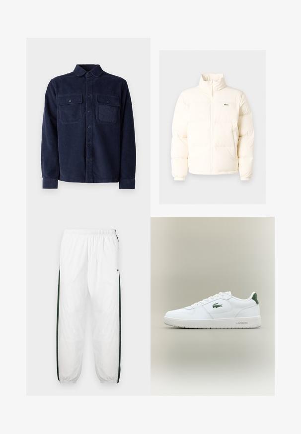 Vit puffjacka med hög krage, som har en framdragkedja, elastiska muddar och en liten grön logotyp på vänster bröst.; Belstaff FALLGATE SHIRT - Skjorta - dark ink; Vita träningsbyxor med mörkgröna sidopaneler. Lätt material, elastisk midjeband och nedhasade fållar. Har nätstruktur på sidopanelerna.; Vita lädersneaker med en slät yta, gröna detaljer på hälen och en grön logotyp på sidan. Har en platt sula och rund tå.