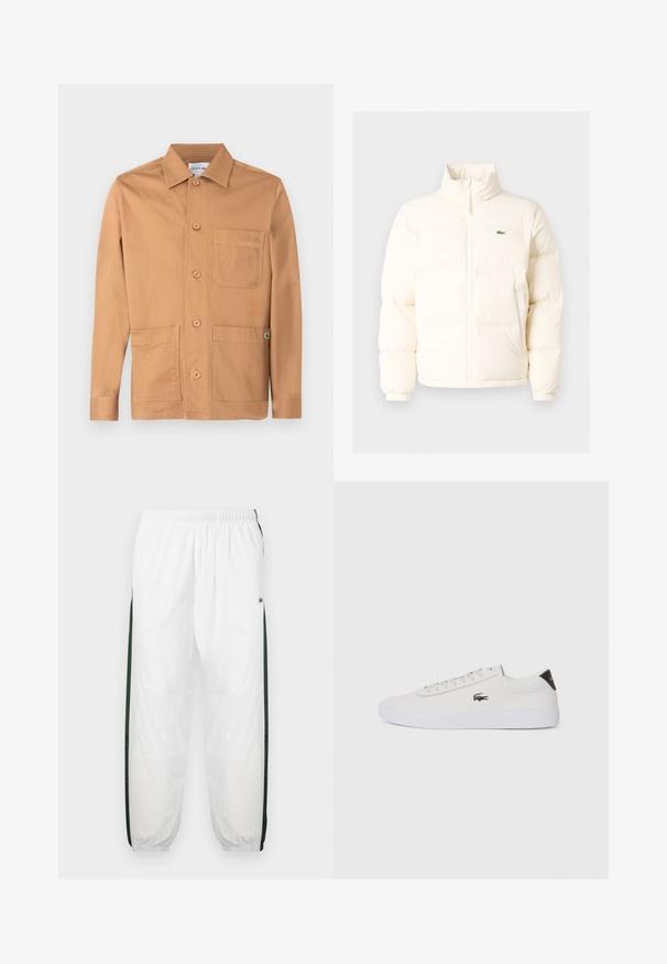 Balts pūkains jaka ar augstu apkakli, priekšā ar rāvējslēdzēju, elastīgām piedurknēm un mazu zaļu logo kreisajā krūtī.; Brūna kokvilnas jaka ar apkakli, priekšējām pogām un divām uzlokāmajām kabatām. Apakšējā pusē ir logotipa akcents.; Baltas sporta bikses ar tumši zaļām sānu joslām. Viegls materiāls, elastīga josta un aproces apakšā. Satur acu auduma tekstūru sānu joslās.; Baltas ādas sporta apavu modelis ar noapaļotu purngalu, sasienamu priekšpusi un melnu papēža akcentu. Satur nelielu izšūtu krokodila logo sānos.