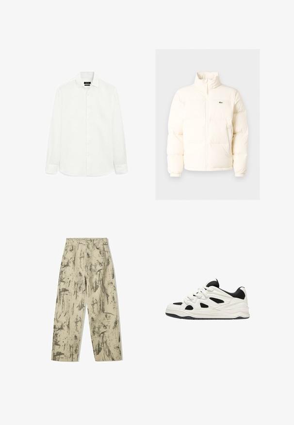 Hvid pufferjakke med høj krave, der har en frontlynlås, elastiske manchetter og et lille grønt logo på venstre bryst.; Hvid langærmet skjorte lavet af blødt stof, med en klassisk krave, frontal knaplukning og lige nederdel. Ingen mønstre eller accenter.; Bershka BAGGY PRINTED - Loose-jeans - evergreen; Hvide og sorte atletik sko med en tekstureret sål, der har udskårede designs på siderne og snørebånd, samt en polstret hæl for støtte.