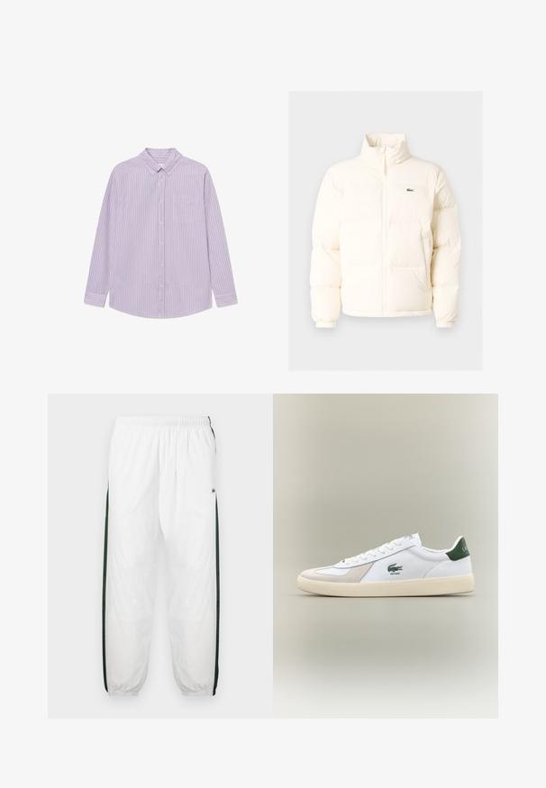 Valge pūusapüüri jope kõrge kaelusega, esiküljel lukuga, elastsete mansettidega ja väikese rohelise logoga vasakul rinnal.; Lilla ja valge triibuline pikka varrukat shirt, millel on nööbid alla kaeluses, üks rinna tasku ja kaardus äär. Valmistatud kergest kangast.; Valged sportpüksid tumeroheline külgpanelitega. Kerge materjal, elastne vöökoht ja mansetid. Külgpanelitel on võrkmuster.; Valged sneaks roheliste aktsentidega, nahast ja sametmaterjalidest, ümmarguse varbaga, tekstuuriga välistallaga ning tikandiga logo külje ja keele peal.