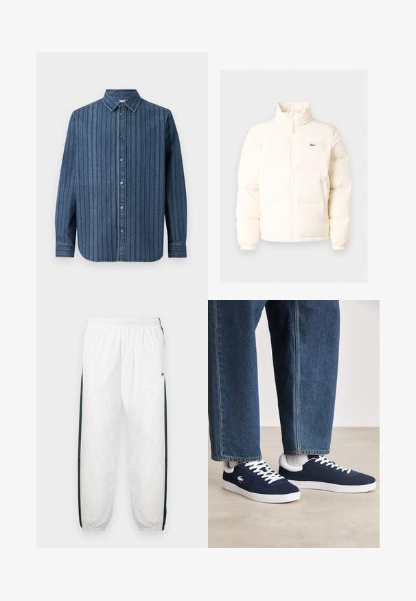 Biela puffrová bunda s vysokým golierom, predným zipsom, elastickými manžetami a malým zeleným logom na ľavom prsníku.; Samsøe Samsøe SADAMON SHIRT - Košeľa - denim; Biele športové nohavice s tmavozelenými bočnými panelmi. Ľahký materiál, elastický pás a sťahované lemy. Obsahujú sieťovinovú textúru na bočných paneloch.; Modré plátené tenisky s bielymi šnúrkami a gumovými podrážkami, vystavené spolu s džínsovými nohavicami a šedými rebrovanými ponožkami na svetlosivom povrchu.