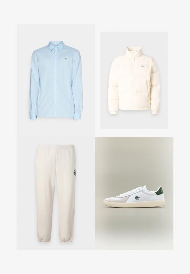 Biela puffrová bunda s vysokým golierom, predným zipsom, elastickými manžetami a malým zeleným logom na ľavom prsníku.; Svetlo modrá košeľa s dlhým rukávom vyrobená z hladkej látky, s klasickým golierom, zapínaním na gombíky na prednej strane a malým zeleným logom na hrudi.; Svetlo béžové tepláky z bavlny s elastickým pásom, rebrovanými manžetami a zeleným logom s dizajnom listu na ľavej nohe.; Biele tenisky s zelenými akcentmi, vyrobené z semišu a kože, s guľatou špičkou, textúrovanou podrážkou a vyšitým logom na boku a jazyku.