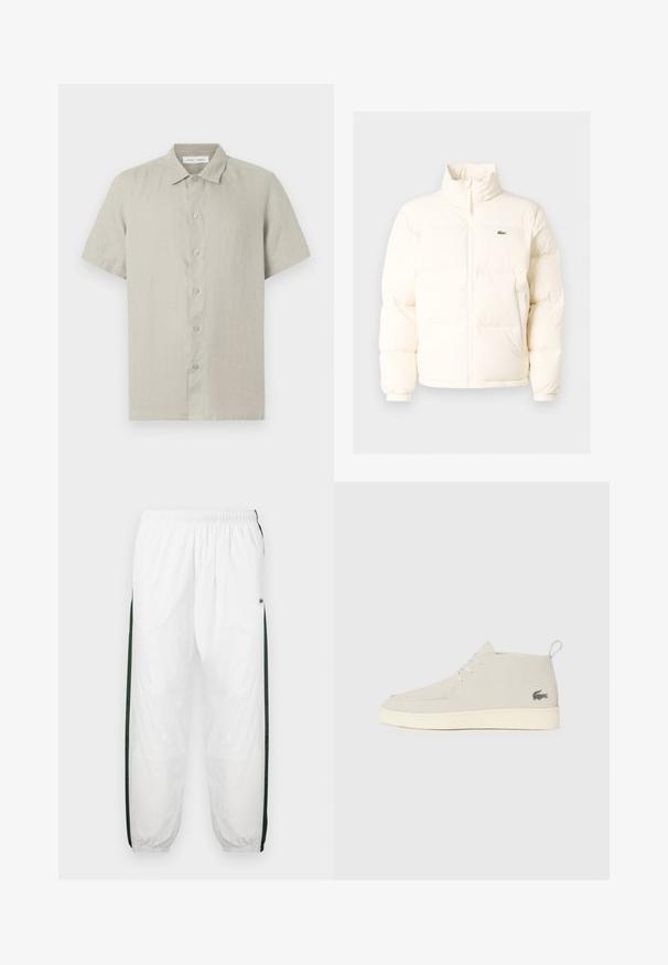 Valge pūusapüüri jope kõrge kaelusega, esiküljel lukuga, elastsete mansettidega ja väikese rohelise logoga vasakul rinnal.; Beež värvi lühikeste varrukatega nööbitav särk kraega, valmistatud kerge kangaga, eestvaade valgel taustal.; Valged sportpüksid tumeroheline külgpanelitega. Kerge materjal, elastne vöökoht ja mansetid. Külgpanelitel on võrkmuster.; Heledad hall Suede säärebootsid, ümara ninaga, valge kummist tallaga ja peene logodetailiga küljel. Omab nööridega sulgemist.