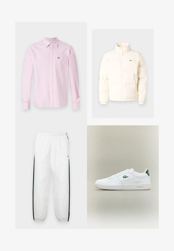 Bela puffer jakna z visokim ovratnikom, ki ima sprednji zadrgo, elastične manšete in majhen zeleni logotip na levem prsnem delu.; Rojena majica z dolgimi rokavi v roza in belih vertikalnih črtah. Ima ovratnik, gumbe spredaj in majhen zelen logo na žepu na prsih.; Bela tekaška hlače s temno zelenimi stranskimi ploščami. Lahka material, elastični pas in prikrajšani robovi. Imajo mrežasto teksturo na stranskih ploščah.; Bela usnjena tenisačka obutev s gladko površino, z zelenimi poudarki na peti in zelenim logotipom ob strani. Ima ravno podplat in okroglo konico.