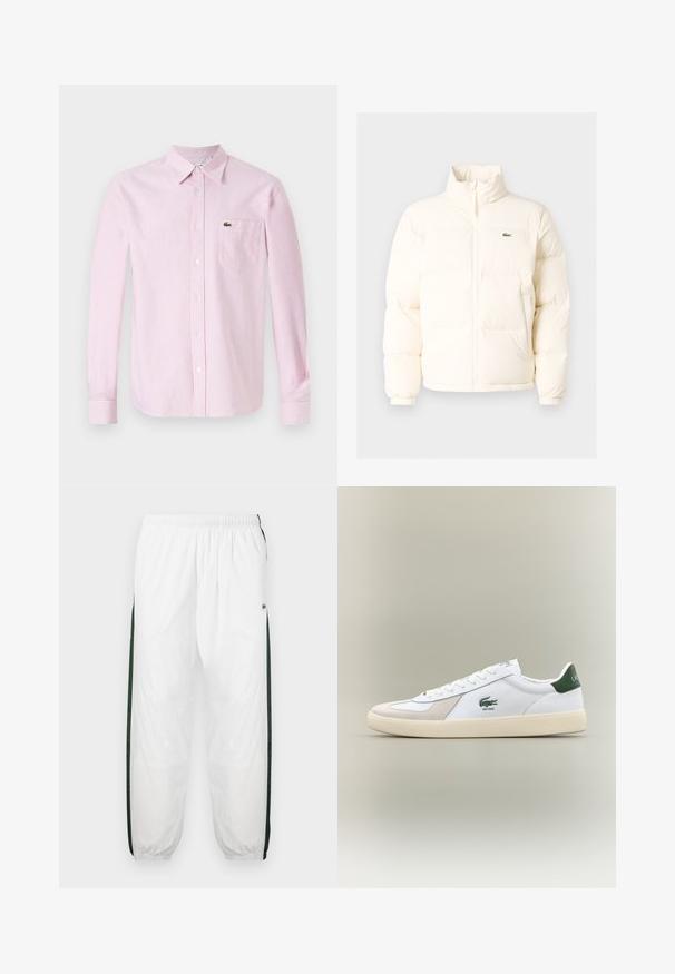 Fehér pufferezett dzseki magas gallérral, elülső zipzárral, rugalmas mandzsettákkal és egy kis zöld logóval a bal mellen.; Rózsaszín és fehér függőleges csíkos, hosszú ujjú ing. Galléros, gombos előlappal és egy kisebb zöld logóval a mellig zsebén.; Fehér sportnadrág sötétzöld oldalpanelekkel. Könnyű anyagból készült, rugalmas derékkal és gumis szegéllyel. Az oldalpaneleken hálós textúra található.; Fehér sportcipő zöld részletekkel, velúr és bőr anyagból, kerek orral, texturált talppal, és hímzett logóval az oldalon és a nyelvén.