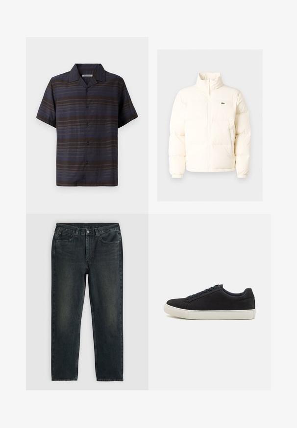 Bijela puf jakna s visokim ovratnikom, koja ima prednji patentni zatvarač, elastične rukave i mali zeleni logo na lijevoj strani prsiju.; Košulja kratkih rukava u tamnoplavoj i smešljivoj boji s vertikalnim prugama, dugmadi sprijeda, ušiljenim ovratnikom i glatkom teksturom tkanine.; Tamno plavi traperice s ravnim krojem, koje imaju pet džepova, rajsferšlus i kontrastne šavove. Diskretno izbljeđivanje na tkanini.; Crni nubuk tenisice s zaobljenim vrhom, bijelim gumenim potplatom, kontrastnim plavim vezicama i glatkom teksturom. Minimalistički dizajn bez vidljivog loga.