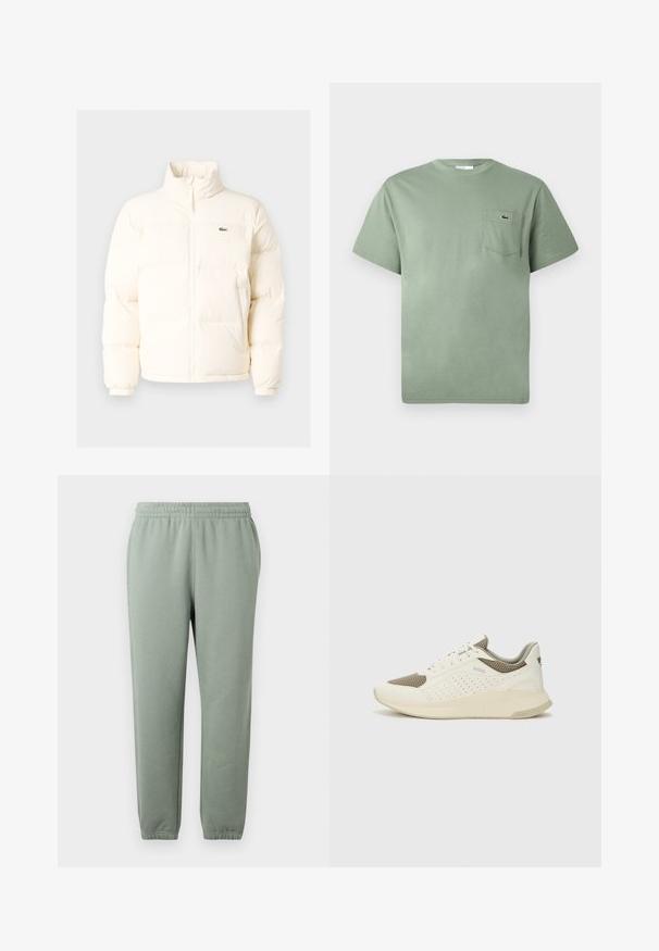 Weiße Daunenjacke mit hohem Kragen, ausgestattet mit einem Frontreißverschluss, elastischen Bündchen und einem kleinen grünen Logo auf der linken Brust.; Hellgrünes Baumwoll-T-Shirt mit kurzen Ärmeln und einer Brusttasche, die ein kleines gesticktes Krokodil-Logo zeigt.; Hellgrüne Sweatpants mit elastischem Bund, schmal zulaufenden Beinen und umgenähten Knöcheln. Hergestellt aus weichem, leichtem Stoff.; Weiße und hellbeige Sport Sneakers, ausgestattet mit einem Obermaterial aus Netzgewebe, perforierten Details und einer strukturierten Zwischensohle mit Branding an der Ferse.