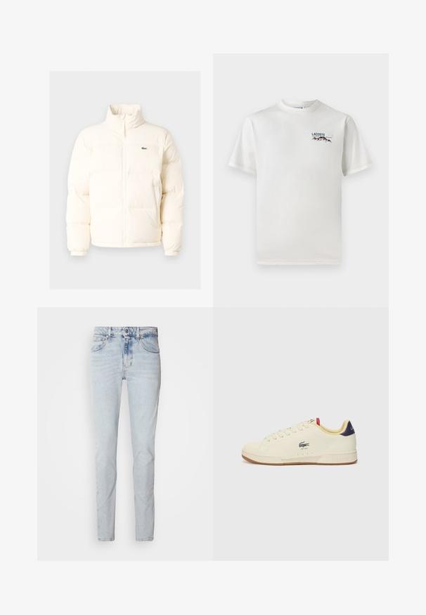 Casaco de puffer branco com colarinho alto, apresentando um fecho frontal com zíper, punhos elásticos e um pequeno logótipo verde no lado esquerdo do peito.; T-shirt de algodão branco com decote redondo, mangas curtas e um pequeno logótipo bordado apresentando montanhas e texto no lado esquerdo do peito.; Jeans de ganga azul claro com um corte reto, design de cinco bolsos e um acabamento ligeiramente desbotado. Apresenta um fecho de botão e passantes para cinto.; Sapatilha Lacoste em couro creme com um acabamento texturizado. Apresenta uma sola de borracha, frente com atacadores, calcanhar azul-marinho e logótipo bordado.