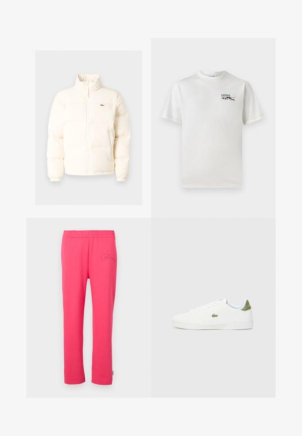 Bijela puf jakna s visokim ovratnikom, koja ima prednji patentni zatvarač, elastične rukave i mali zeleni logo na lijevoj strani prsiju.; Bijela pamučna majica s okruglim izrezom, kratkim rukavima i malim izvezenim logotipom koji prikazuje planine i tekst na lijevoj strani grudi.; Roze pamučne hlače za opuštanje s elastičnim pojasom i izvezenim logotipom sprijeda. Imaju kroj ravnih nogavica.; Bijele tenisice s glatkom teksturom, s zelenim akcentom na peti i malim izvezenim logotipom krokodila sa strane.