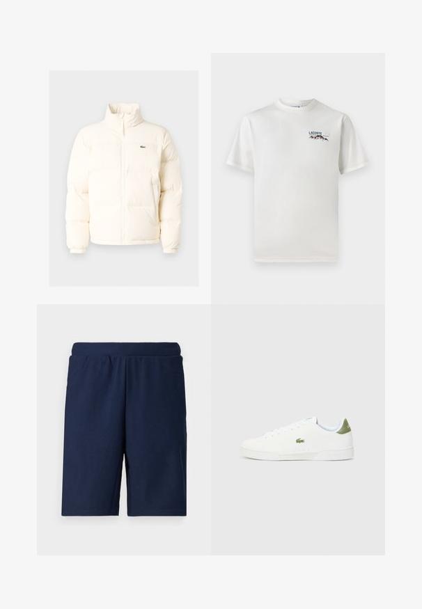 Casaco de puffer branco com colarinho alto, apresentando um fecho frontal com zíper, punhos elásticos e um pequeno logótipo verde no lado esquerdo do peito.; T-shirt de algodão branco com decote redondo, mangas curtas e um pequeno logótipo bordado apresentando montanhas e texto no lado esquerdo do peito.; Calções de desporto azul marinho com textura canelada, cintura elástica e corte reto, desenhados para conforto e facilidade de movimento.; Tênis brancos com uma textura suave, apresentando um detalhe verde no calcanhar e um pequeno logotipo de crocodilo bordado na lateral.