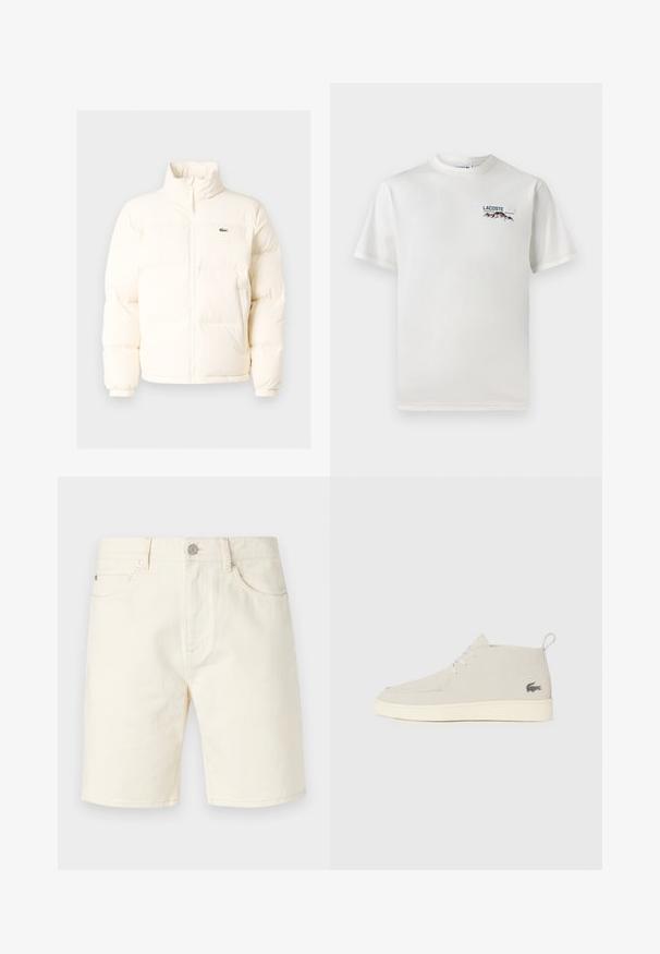 Giacca a vento bianca con collo alto, dotata di zip frontale, polsini elasticizzati e un piccolo logo verde sul petto a sinistra.; T-shirt bianco in cotone con scollatura rotonda, maniche corte e un piccolo logo ricamato che raffigura montagne e testo sul lato sinistro del petto.; Shorts in denim beige chiaro con taglio classico, dotati di tasche frontali, passanti per cintura e chiusura con bottone. Tessuto liscio e colore uniforme.; Stivali alla caviglia in suede grigio chiaro con punta rotonda, suola in gomma bianca e un sottile dettaglio del logo sul lato. Presentano una chiusura con lacci.