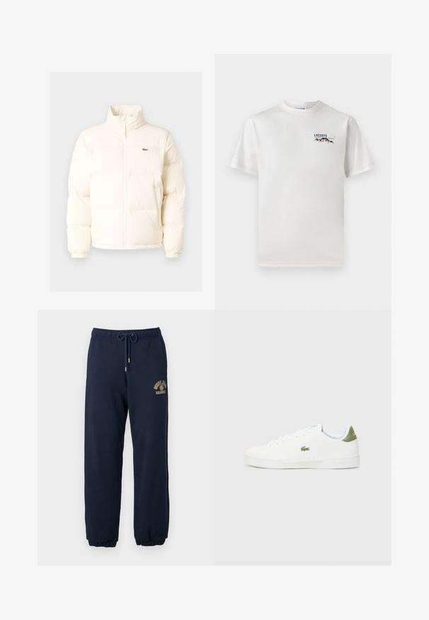 Bílá nafouknutá bunda s vysokým límcem, předním zipem, elastickými manžetami a malým zeleným logem na levé straně hrudi.; Bílá bavlněná tričko s kulatým výstřihem, krátkými rukávy a malým vyšitým logem zobrazujícím hory a text na levé straně hrudi.; Námořnické modré tepláky vyrobené z bavlněné směsi s elastickým pasem a nastavitelnou šnůrkou; obsahují zlaté logo na stehně.; Bílé tenisky s hladkým povrchem, s zeleným akcentem na patě a malým vyšívaným logem krokodýla na boku.