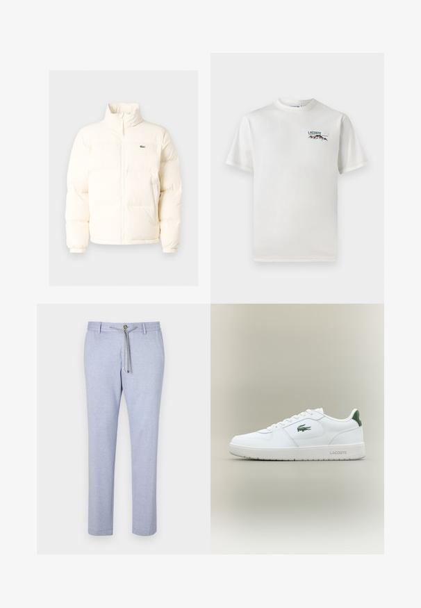 Doudoune blanche avec un col haut, dotée d'une fermeture éclair sur le devant, de poignets élastiques et d'un petit logo vert sur la poitrine gauche.; T-shirt en coton blanc avec un col rond, des manches courtes et un petit logo brodé représentant des montagnes et un texte sur le côté gauche de la poitrine.; Pantalons décontractés bleu clair, en tissu doux, avec une taille élastique à cordon, un accent de bouton et une conception de jambe fuselée avec une texture lisse.; Baskets en cuir blanc avec une finition lisse, accents verts au niveau du talon et un logo vert sur le côté. Présente une semelle plate et un bout rond.