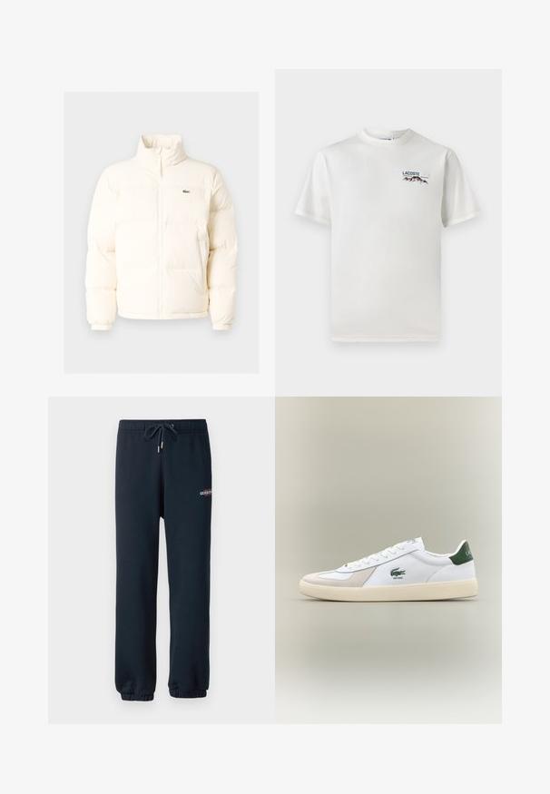 Valkoinen puhallettava takki, jossa on korkea kaulus, etuvetoketju, joustavat hihansuut ja pieni vihreä logo vasemmassa rinnassa.; Valkoinen puuvillainen T-paita, jossa on pyöreä pääntie, lyhyet hihat ja pieni brodeerattu logo, jossa on vuoria ja teksti vasemmalla rintapielessä.; Navy shortsit, jotka on valmistettu pehmeästä puuvillasekoitteesta, jossa on joustava vyötärö nauhalla ja kapeat hihansuut; pieni logokorostus reidessä.; Valkoiset tennarit vihreillä yksityiskohdilla, mokka- ja nahkamateriaaleja, pyöreä kärki, teksturoitu ulkopohja sekä brodeerattu logo sivulla ja kielekkeessä.