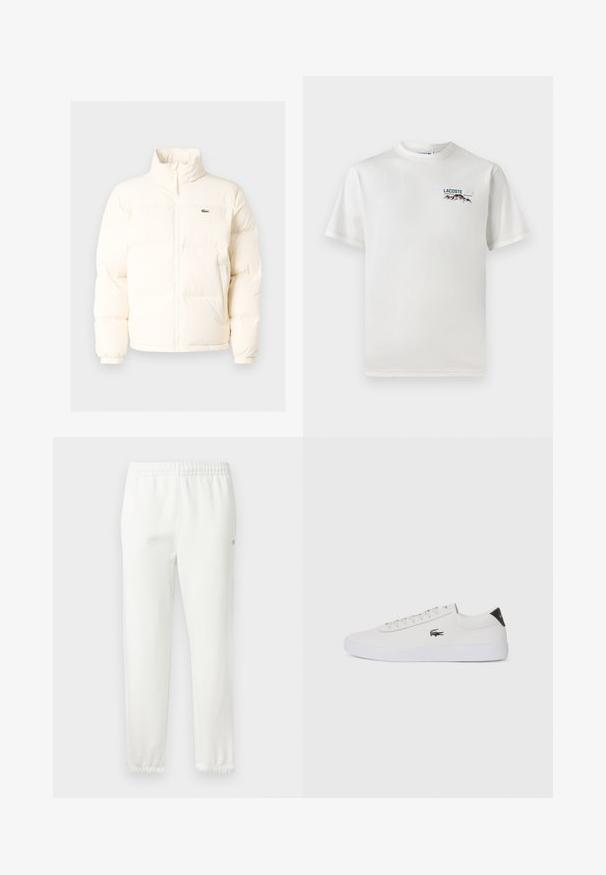 Λευκή φουσκωτή ζακέτα με ψηλό γιακά, διαθέτει μπροστινό φερμουάρ, ελαστικούς καρπούς και ένα μικρό πράσινο λογότυπο στην αριστερή πλευρά του στήθους.; Λευκό βαμβακερό T-shirt με στρογγυλή λαιμόκοψη, κοντά μανίκια και ένα μικρό κεντημένο λογότυπο που απεικονίζει βουνά και κείμενο στην αριστερή πλευρά του στήθους.; Λευρές βαμβακερές φόρμες με ελαστική μέση και στενεμένα πόδια. Διαθέτουν μια μικρή λεπτομέρεια λογότυπου στο πλάι. Μαλακή υφή, μινιμαλιστικός σχεδιασμός.; Λευκό δερμάτινο sneakers με στρογγυλή μύτη, κορδόνια μπροστά και μαύρη λεπτομέρεια στη φτέρνα. Διαθέτει ένα μικρό κεντημένο λογότυπο κροκοδείλου στο πλάι.