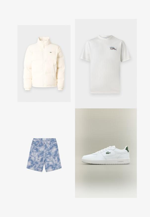 Balts pūkains jaka ar augstu apkakli, priekšā ar rāvējslēdzēju, elastīgām piedurknēm un mazu zaļu logo kreisajā krūtī.; Balts kokvilnas T-krekls ar apaļu kakla izgriezumu, īsām piedurknēm un mazu izšūtu logo ar kalniem un tekstu kreisajā krūtīs.; Gaiši zili džinsu šorti ar mākoņu rakstu. Izgatavoti no kokvilnas, tiem ir klasiskā piecu kabatu dizains un pogu aizdare.; Baltas ādas sneakers ar gludu apdari, zaļiem akcentiem uz papēža un zaļu logotipu sānos. Iezīmē platu zoli un apaļu pirkstu.