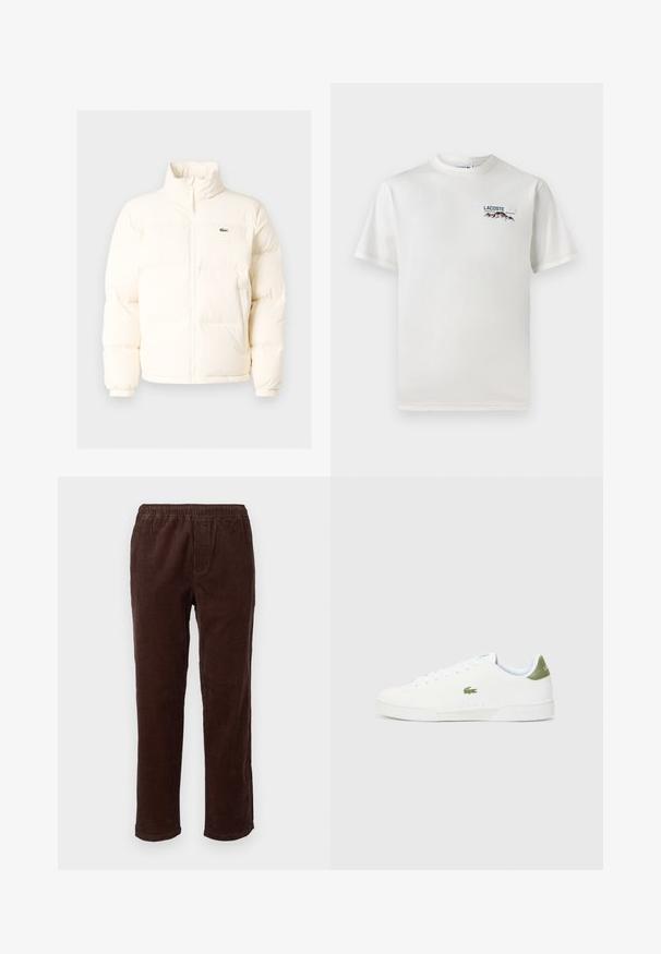 White puffer jacket with a high collar, featuring a front zipper, elastic cuffs, and a small green logo on the left chest.; White cotton T-shirt with a round neckline, short sleeves, and a small embroidered logo featuring mountains and text on the left chest.; Brown corduroy pants with a relaxed fit, featuring an elastic waistband and vertical ribbed texture. Straight leg design, no pockets.; White sneakers with a smooth texture, featuring a green accent at the heel and a small embroidered crocodile logo on the side.