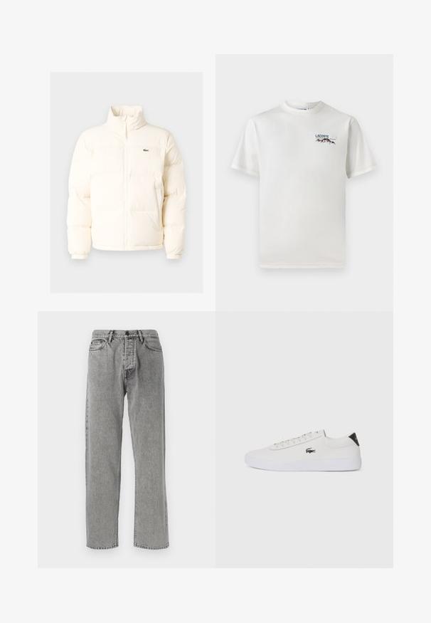 Doudoune blanche avec un col haut, dotée d'une fermeture éclair sur le devant, de poignets élastiques et d'un petit logo vert sur la poitrine gauche.; T-shirt en coton blanc avec un col rond, des manches courtes et un petit logo brodé représentant des montagnes et un texte sur le côté gauche de la poitrine.; Jeans en denim gris avec une coupe droite, présentant un style classique à cinq poches, des coutures visibles et une fermeture éclair avec bouton.; Baskets en cuir blanc avec bout rond, devant à lacets et accent en cuir noir au talon. Présente un petit logo de crocodile brodé sur le côté.