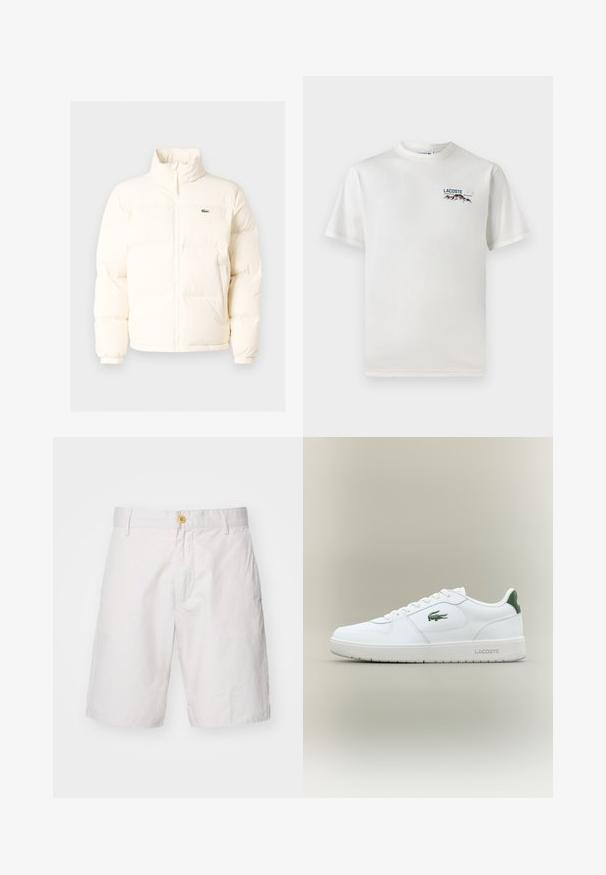 Biała kurtka puchowa z wysokim kołnierzem, z zamkiem błyskawicznym z przodu, elastycznymi mankietami i małym zielonym logo po lewej stronie klatki piersiowej.; Biała koszulka bawełniana z okrągłym dekoltem, krótkimi rękawami i małym haftowanym logo przedstawiającym góry oraz tekst po lewej stronie klatki piersiowej.; Męskie białe szorty wykonane z lekkiego materiału. Posiadają zapięcie na guzik, dwie boczne kieszenie oraz luźny krój w prostym fasonie.; Białe skórzane trampki o gładkim wykończeniu, z zielonymi akcentami na pięcie i zielonym logo z boku. Posiadają płaską podeszwę i okrągły czubek.