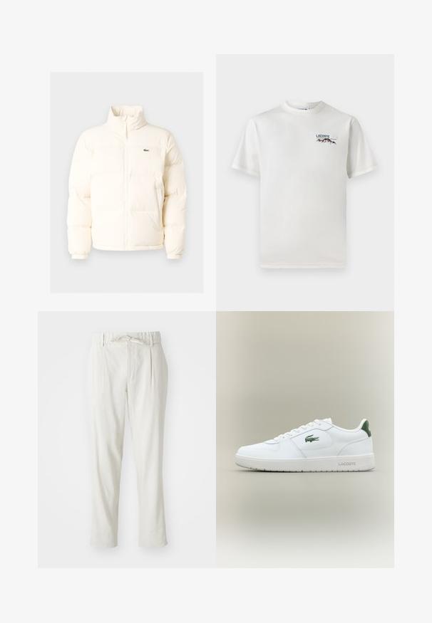 Bela puffer jakna z visokim ovratnikom, ki ima sprednji zadrgo, elastične manšete in majhen zeleni logotip na levem prsnem delu.; Bela bombažna majica s krožnim ovratnikom, kratkimi rokavi in majhnim izvezenim logotipom, ki vsebuje gore in besedilo na levi prsni strani.; Svetlo bež hlače s sproščenim krojem, elastičnim pasom in sprednjimi naborki. Narejene so iz mehkega blaga in imajo detajl zavezovanja okoli pasu.; Bela usnjena tenisačka obutev s gladko površino, z zelenimi poudarki na peti in zelenim logotipom ob strani. Ima ravno podplat in okroglo konico.
