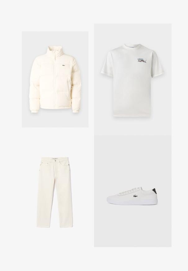 Casaco de puffer branco com colarinho alto, apresentando um fecho frontal com zíper, punhos elásticos e um pequeno logótipo verde no lado esquerdo do peito.; T-shirt de algodão branco com decote redondo, mangas curtas e um pequeno logótipo bordado apresentando montanhas e texto no lado esquerdo do peito.; Jeans de denim de cor creme com corte reto, apresentando dois bolsos frontais, um fecho com botão e uma marcação subtil perto da cintura.; Sapatilha de couro branco com biqueira arredondada, atacadores na frente e detalhe preto no calcanhar. Apresenta um pequeno logótipo de crocodilo bordado na lateral.