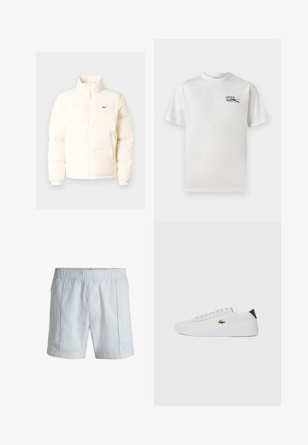 Witte pufferjack met een hoge kraag, voorzien van een ritssluiting aan de voorkant, elastische boorden en een klein groen logo op de linkerborst.; Witte katoenen T-shirt met een ronde hals, korte mouwen en een klein geborduurd logo met bergen en tekst op de linkerborst.; Heren zwemshorts in lichtblauw met witte verticale strepen, gemaakt van lichte stof, met een elastische tailleband en zijzakken.; Witte leren sneaker met ronde neus, vetersluiting aan de voorkant en zwarte hakaccent. Beschikt over een klein geborduurd krokodillenlogo aan de zijkant.