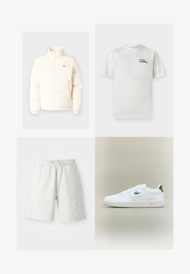 White puffer jacket with a high collar, featuring a front zipper, elastic cuffs, and a small green logo on the left chest.; White cotton T-shirt with a round neckline, short sleeves, and a small embroidered logo featuring mountains and text on the left chest.; Light gray cotton shorts with an elastic waistband, drawstring detail, and side pockets. Soft texture, knee-length design.; White leather sneaker with a smooth finish, green accents on the heel, and a green logo on the side. Features a flat sole and round toe.