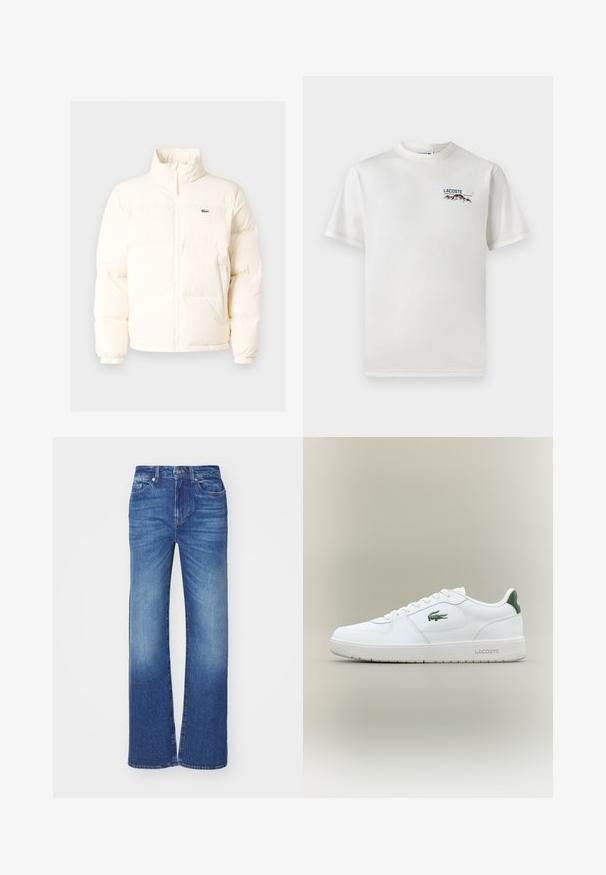 Chaqueta acolchada blanca con un alto cuello, que presenta una cremallera frontal, puños elásticos y un pequeño logotipo verde en el lado izquierdo del pecho.; Camiseta de algodón blanca con cuello redondo, mangas cortas y un pequeño logotipo bordado que presenta montañas y texto en el lado izquierdo del pecho.; Jeans de denim azul con un diseño de pierna recta, que presentan un acabado desgastado, cinco bolsillos y un cierre de botón y cremallera en la cintura.; Zapatilla de cuero blanca con un acabado suave, acentos verdes en el talón y un logotipo verde en el lateral. Presenta una suela plana y una puntera redonda.