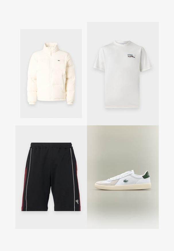Weiße Daunenjacke mit hohem Kragen, ausgestattet mit einem Frontreißverschluss, elastischen Bündchen und einem kleinen grünen Logo auf der linken Brust.; Weißes Baumwoll-T-Shirt mit rundem Halsausschnitt, kurzen Ärmeln und kleinem gesticktem Logo mit Bergen und Text auf der linken Brust.; Schwarze Shorts aus weichem Stoff, mit weinroten Seitenpanels, weißen Paspeln und einem kleinen Herz-Logo am Saum. Elastischer Bund für zusätzlichen Komfort.; Weiße Sneakers mit grünen Akzenten, aus Wildleder und Leder, runde Zehenpartie, strukturiertes Profil und gesticktes Logo an der Seite und auf der Zunge.
