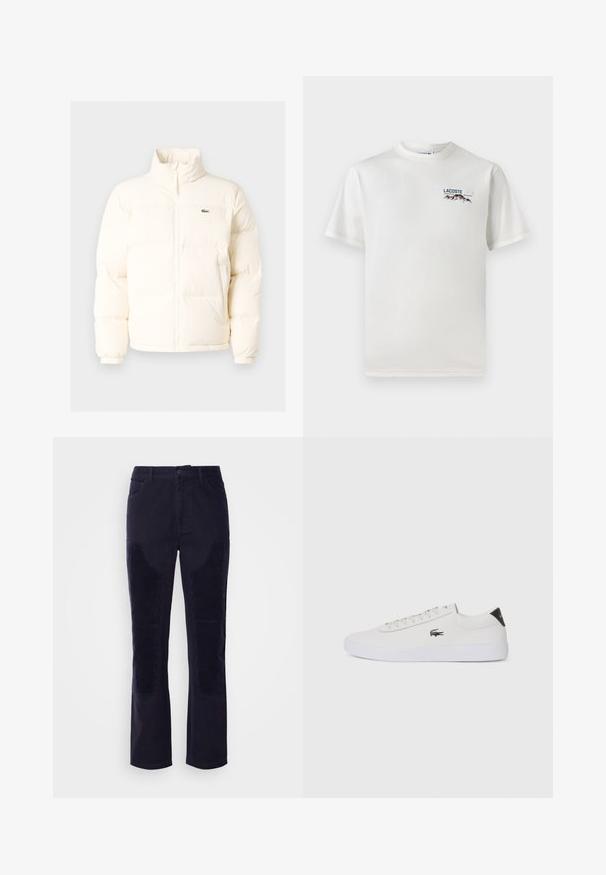 Λευκή φουσκωτή ζακέτα με ψηλό γιακά, διαθέτει μπροστινό φερμουάρ, ελαστικούς καρπούς και ένα μικρό πράσινο λογότυπο στην αριστερή πλευρά του στήθους.; Λευκό βαμβακερό T-shirt με στρογγυλή λαιμόκοψη, κοντά μανίκια και ένα μικρό κεντημένο λογότυπο που απεικονίζει βουνά και κείμενο στην αριστερή πλευρά του στήθους.; Σκούρα ναυτικά παντελόνια από κόρντουρα με λείο ύφασμα, ίσια πόδια και οριζόντιες ραβδωτές ραφές στις μπροστινές τσέπες για επιπλέον υφή.; Λευκό δερμάτινο sneakers με στρογγυλή μύτη, κορδόνια μπροστά και μαύρη λεπτομέρεια στη φτέρνα. Διαθέτει ένα μικρό κεντημένο λογότυπο κροκοδείλου στο πλάι.