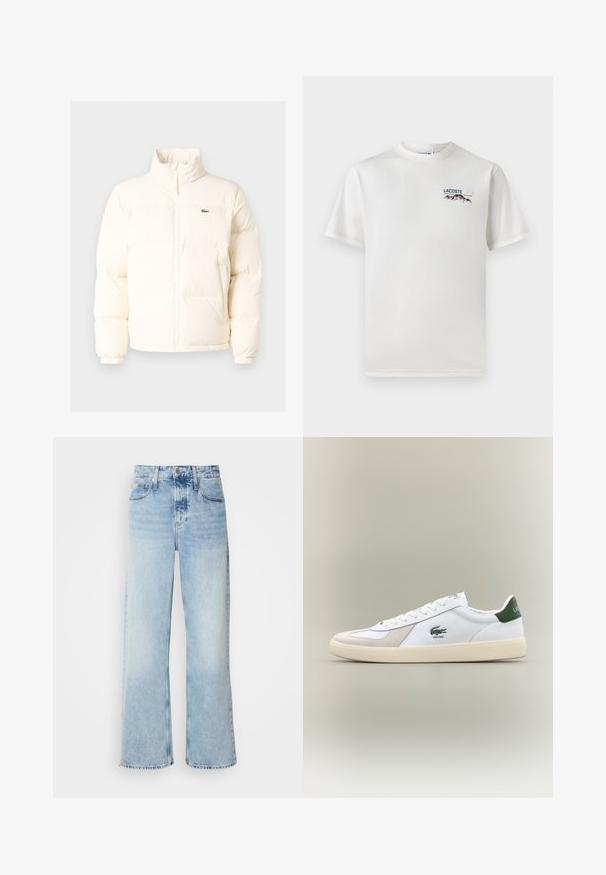 Casaco de puffer branco com colarinho alto, apresentando um fecho frontal com zíper, punhos elásticos e um pequeno logótipo verde no lado esquerdo do peito.; T-shirt de algodão branco com decote redondo, mangas curtas e um pequeno logótipo bordado apresentando montanhas e texto no lado esquerdo do peito.; Calças largas de ganga azul claro com cintura alta, apresentando um acabamento desbotado, passadores para cinto e design clássico de cinco bolsos. A bainha é crua.; Sapatilha branca com pormenores verdes, materiais em camurça e pele, bico arredondado, sola texturizada e logótipo bordado na lateral e na língua.