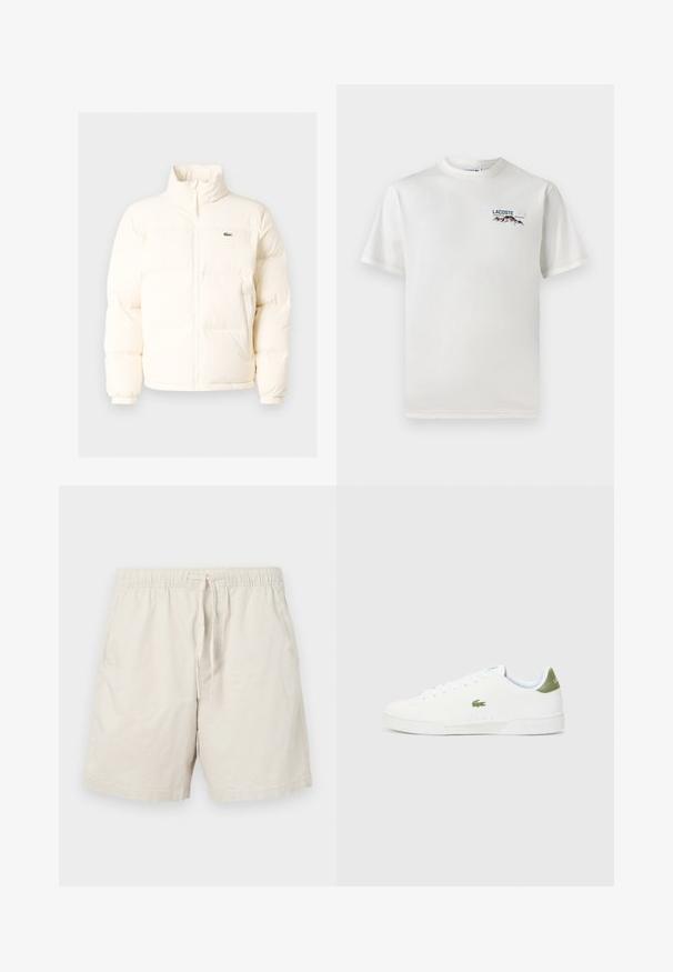 Hvid pufferjakke med høj krave, der har en frontlynlås, elastiske manchetter og et lille grønt logo på venstre bryst.; Hvid bomulds-T-shirt med rund halsudskæring, korte ærmer og et lille broderet logo med bjerge og tekst på venstre bryst.; Beige bomuldsshorts med elastisk talje, justerbar snøre og sidelommer. Har en glat, let tekstur.; Hvide sneakers med en glat overflade, der har en grøn detalje ved hælen og et lille broderet krokodillelogo på siden.