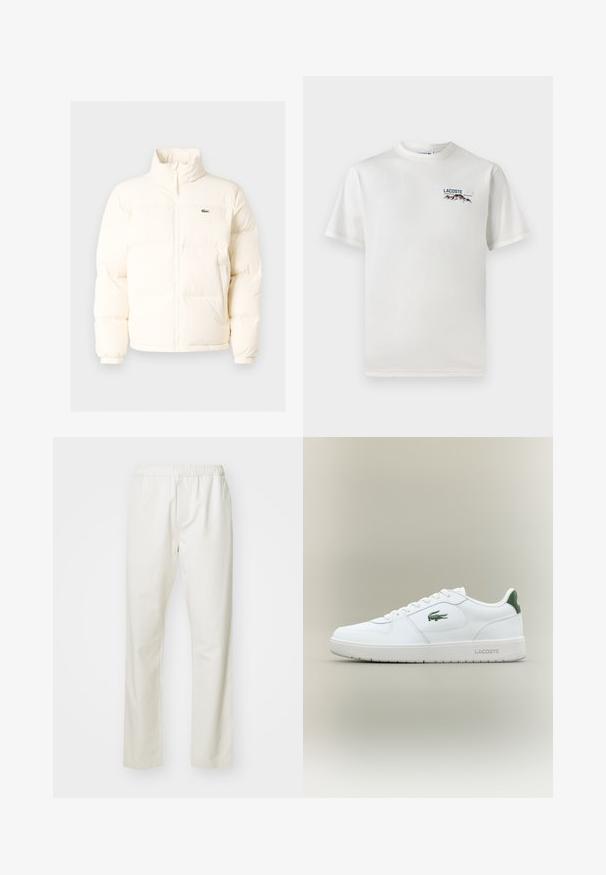 Bela puffer jakna z visokim ovratnikom, ki ima sprednji zadrgo, elastične manšete in majhen zeleni logotip na levem prsnem delu.; Bela bombažna majica s krožnim ovratnikom, kratkimi rokavi in majhnim izvezenim logotipom, ki vsebuje gore in besedilo na levi prsni strani.; Bele bombažne hlače z elastičnim pasom in ravnim krojem, ki imajo gladko teksturo brez vidnih vzorcev ali dekorativnih elementov.; Bela usnjena tenisačka obutev s gladko površino, z zelenimi poudarki na peti in zelenim logotipom ob strani. Ima ravno podplat in okroglo konico.