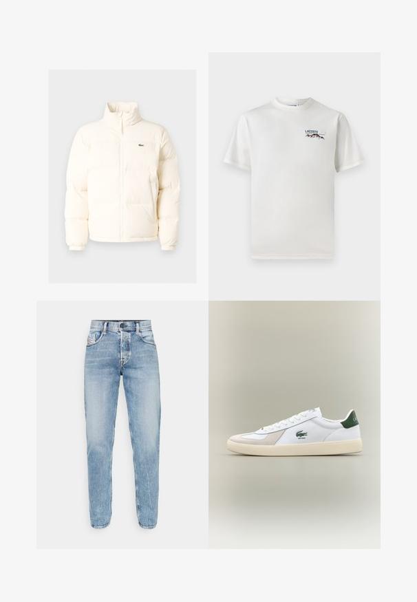 Valge pūusapüüri jope kõrge kaelusega, esiküljel lukuga, elastsete mansettidega ja väikese rohelise logoga vasakul rinnal.; Valge puuvillane T-särk ümmarguse kaelusega, lühikeste varrukatega ja väikese tikandiga logoga, millel on mäed ja tekst vasakul rinnal.; Heledad sinine denim teksad sirge lõikega, viie-tasku disainiga, nähtava õmblusega ning klassikalise nööbi ja tõmbluku sulgemisega. Ilma kaunistusteta.; Valged sneaks roheliste aktsentidega, nahast ja sametmaterjalidest, ümmarguse varbaga, tekstuuriga välistallaga ning tikandiga logo külje ja keele peal.