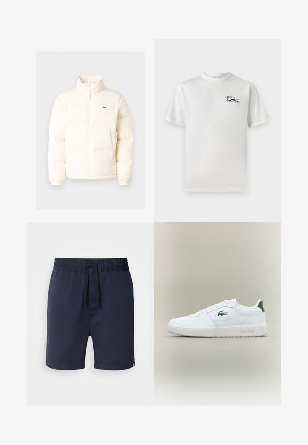 Balts pūkains jaka ar augstu apkakli, priekšā ar rāvējslēdzēju, elastīgām piedurknēm un mazu zaļu logo kreisajā krūtī.; Balts kokvilnas T-krekls ar apaļu kakla izgriezumu, īsām piedurknēm un mazu izšūtu logo ar kalniem un tekstu kreisajā krūtīs.; Les Deux Šorti - dark navy; Baltas ādas sneakers ar gludu apdari, zaļiem akcentiem uz papēža un zaļu logotipu sānos. Iezīmē platu zoli un apaļu pirkstu.