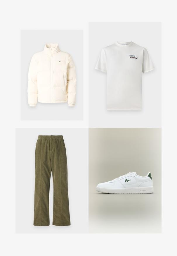 Bílá nafouknutá bunda s vysokým límcem, předním zipem, elastickými manžetami a malým zeleným logem na levé straně hrudi.; Bílá bavlněná tričko s kulatým výstřihem, krátkými rukávy a malým vyšitým logem zobrazujícím hory a text na levé straně hrudi.; Kordové kalhoty v olivově zelené barvě s širokým střihem, elastickým pasem a viditelným švem podél stran.; Bílé kožené tenisky s hladkým povrchem, zelenými akcenty na patě a zeleným logem na boku. Mají plochou podrážku a kulatou špičku.