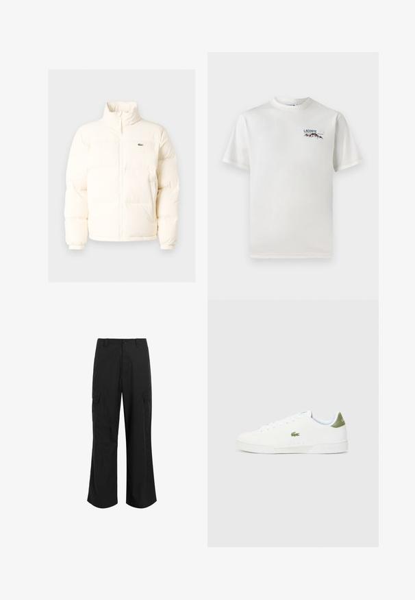 Bela puffer jakna z visokim ovratnikom, ki ima sprednji zadrgo, elastične manšete in majhen zeleni logotip na levem prsnem delu.; Bela bombažna majica s krožnim ovratnikom, kratkimi rokavi in majhnim izvezenim logotipom, ki vsebuje gore in besedilo na levi prsni strani.; Črne cargo hlače iz lahkega materiala, z ohlapnim krojem, dvema velikima stranskima žepoma in gumbom za zapiranje.; Bele tene čevlje z gladko teksturo, ki imajo zeleno poudarjanje na peti in majhen vezen kroko logo ob strani.