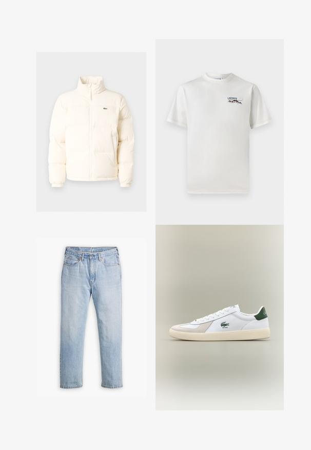 Casaco de puffer branco com colarinho alto, apresentando um fecho frontal com zíper, punhos elásticos e um pequeno logótipo verde no lado esquerdo do peito.; T-shirt de algodão branco com decote redondo, mangas curtas e um pequeno logótipo bordado apresentando montanhas e texto no lado esquerdo do peito.; Jeans de denim azul claro com um design de perna reta, estilo de cinco bolsos e costura contrastante. Fecho com botão e zíper na cintura.; Sapatilha branca com pormenores verdes, materiais em camurça e pele, bico arredondado, sola texturizada e logótipo bordado na lateral e na língua.