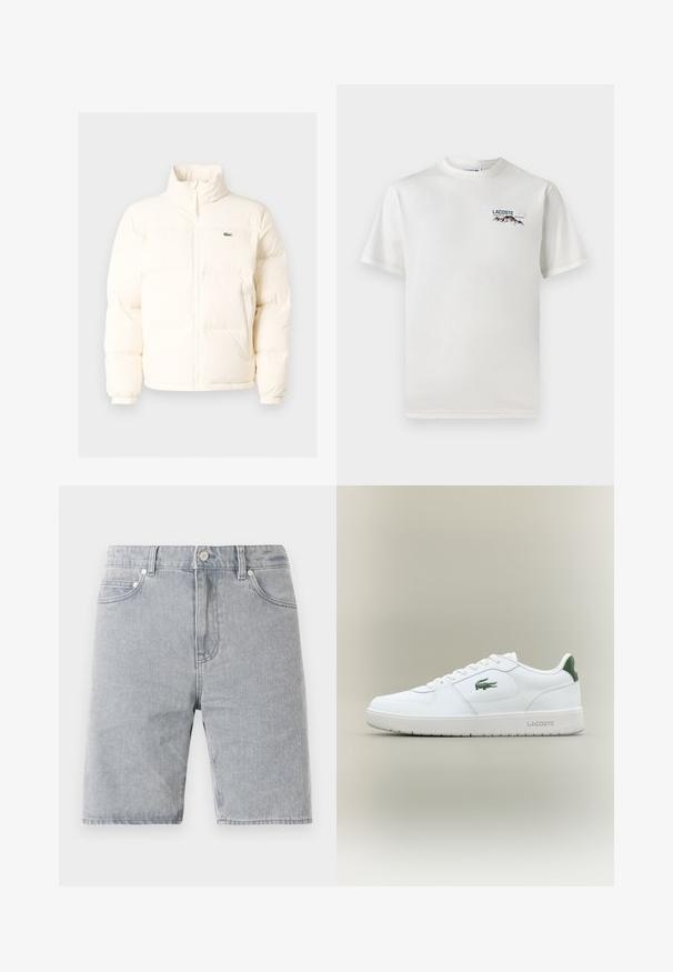 Balts pūkains jaka ar augstu apkakli, priekšā ar rāvējslēdzēju, elastīgām piedurknēm un mazu zaļu logo kreisajā krūtī.; Balts kokvilnas T-krekls ar apaļu kakla izgriezumu, īsām piedurknēm un mazu izšūtu logo ar kalniem un tekstu kreisajā krūtīs.; Gai pelēkie denima šorti ar taisnu piegriezumu, piecām kabatām, pogu aizdari un kontrastējošiem izšuvumiem.; Baltas ādas sneakers ar gludu apdari, zaļiem akcentiem uz papēža un zaļu logotipu sānos. Iezīmē platu zoli un apaļu pirkstu.